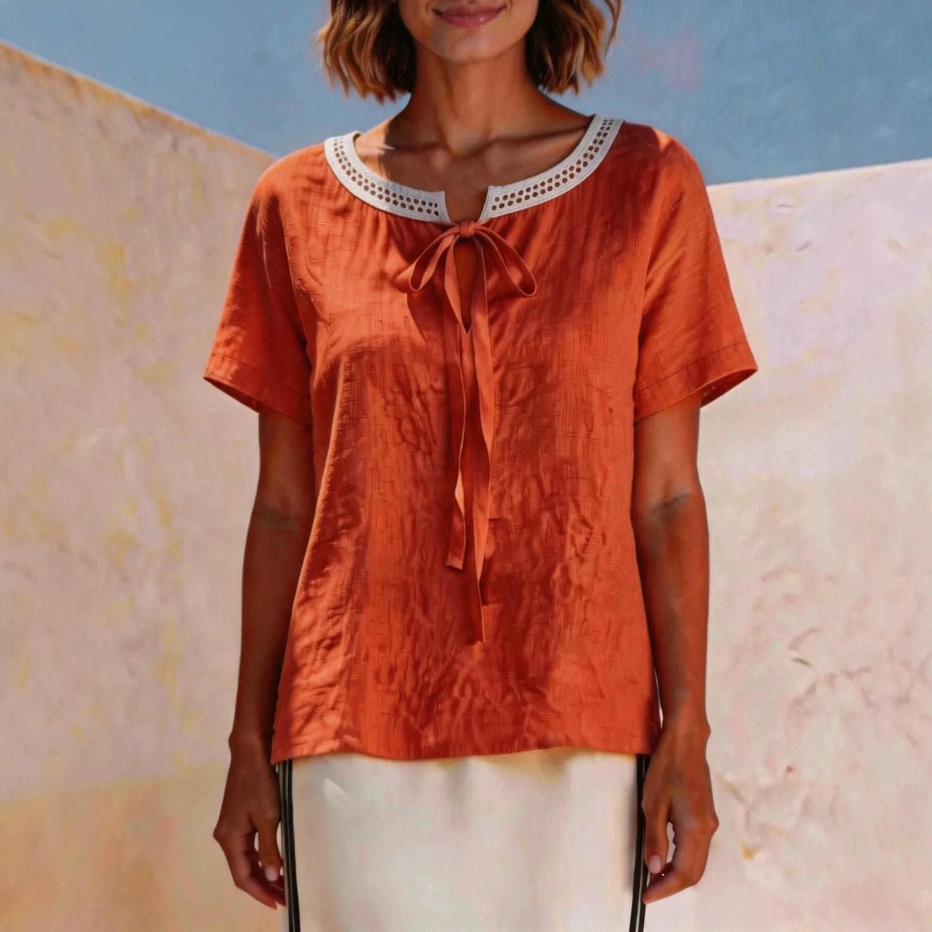 Valisse™ Blouse with Tie-Front Detail and Openwork Neckline Trim