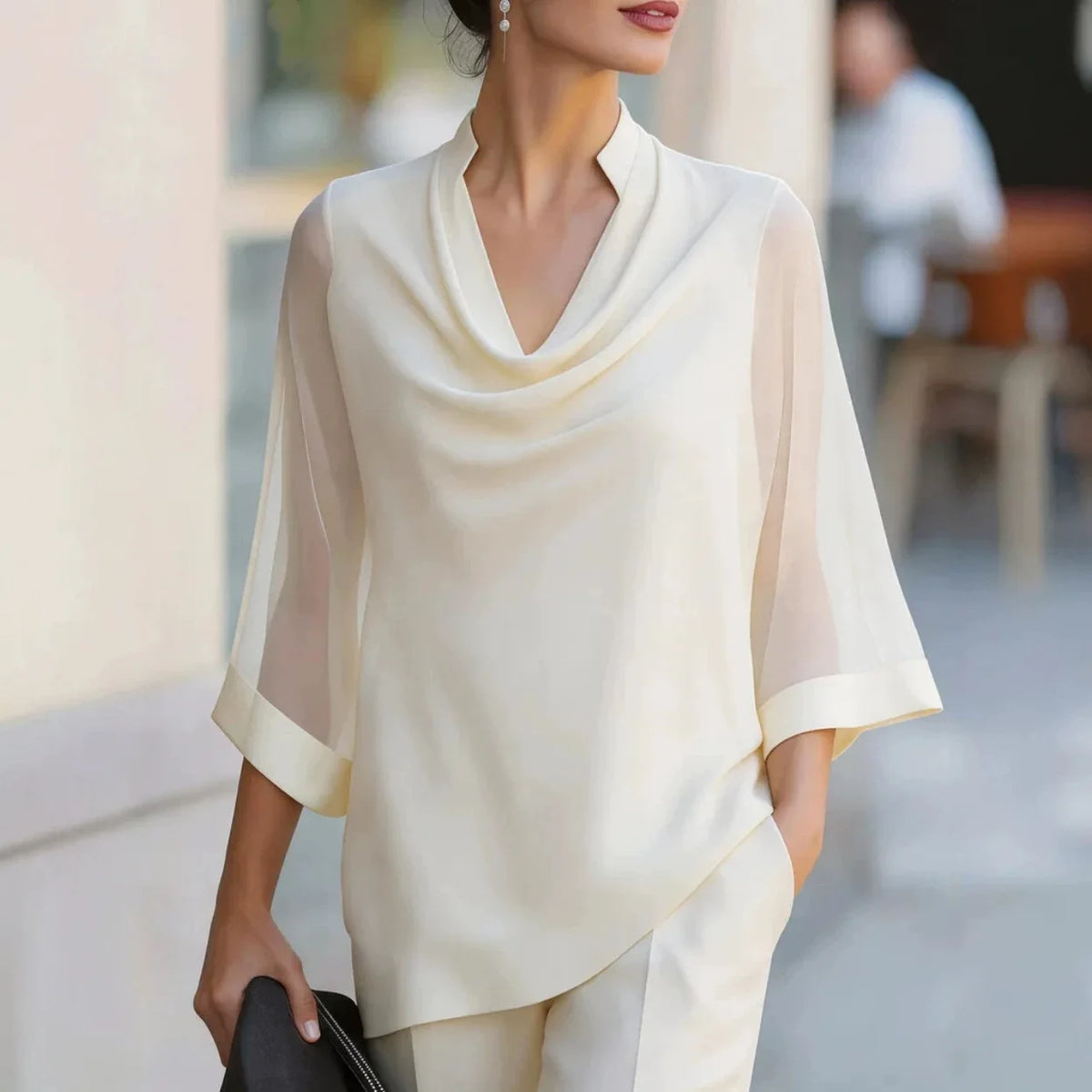 Blouse Belgrave™ with Draped Cowl Neck, Sheer Sleeves and Relaxed Fit