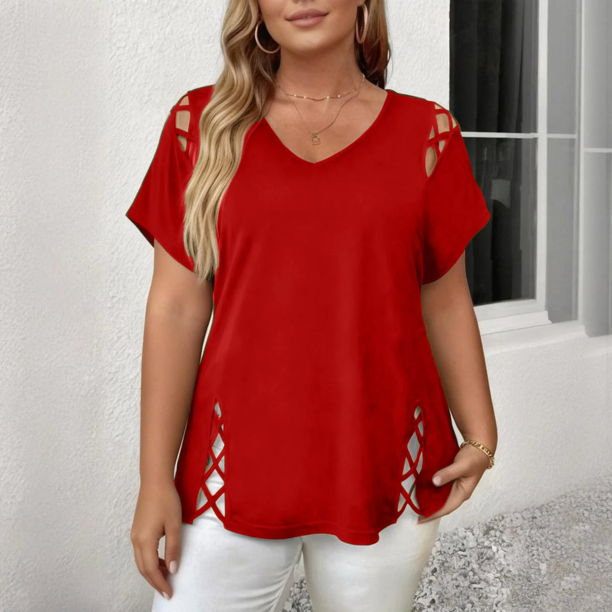 Caliria™ V-Neck Blouse with Shoulder and Side Cutout Details