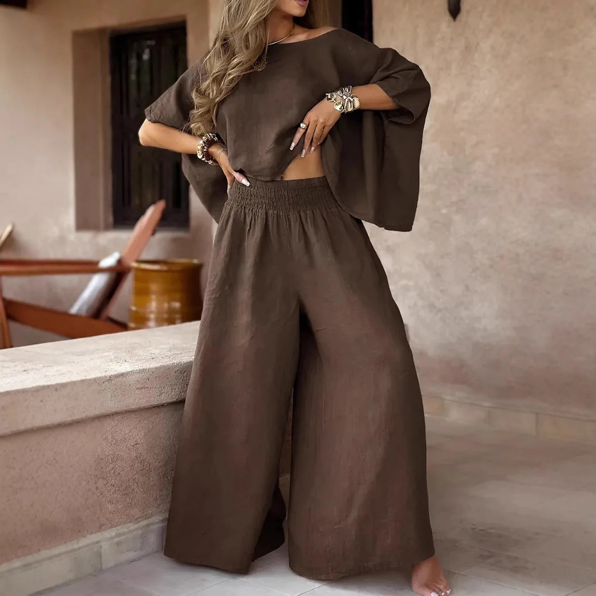 Horizon™ Set in Cotton Linen with Bat Sleeves and High Waist / The Sophistication of a Style that Breathes Lightness!