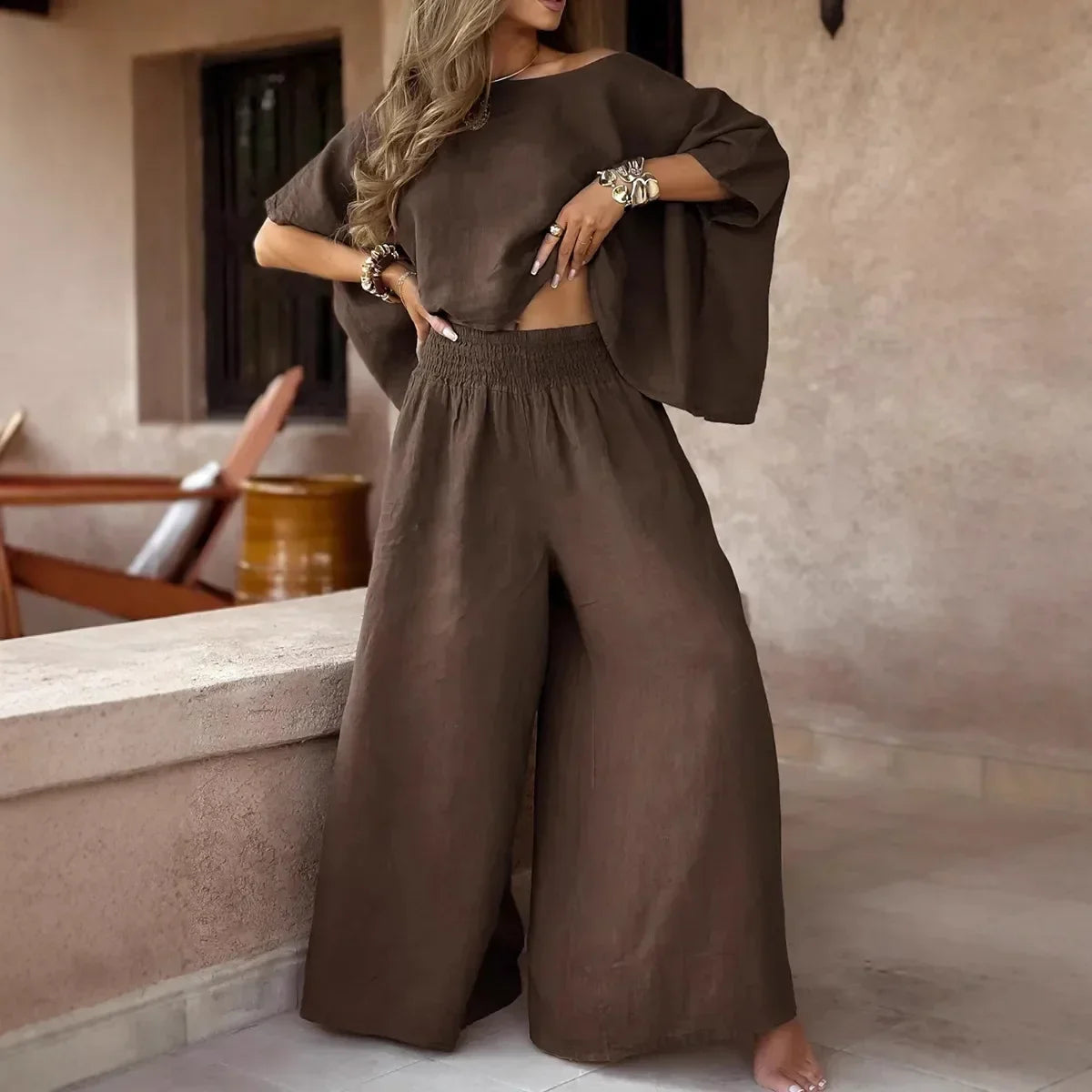 Horizon™ Set in Cotton Linen with Bat Sleeves and High Waist / The Sophistication of a Style that Breathes Lightness!