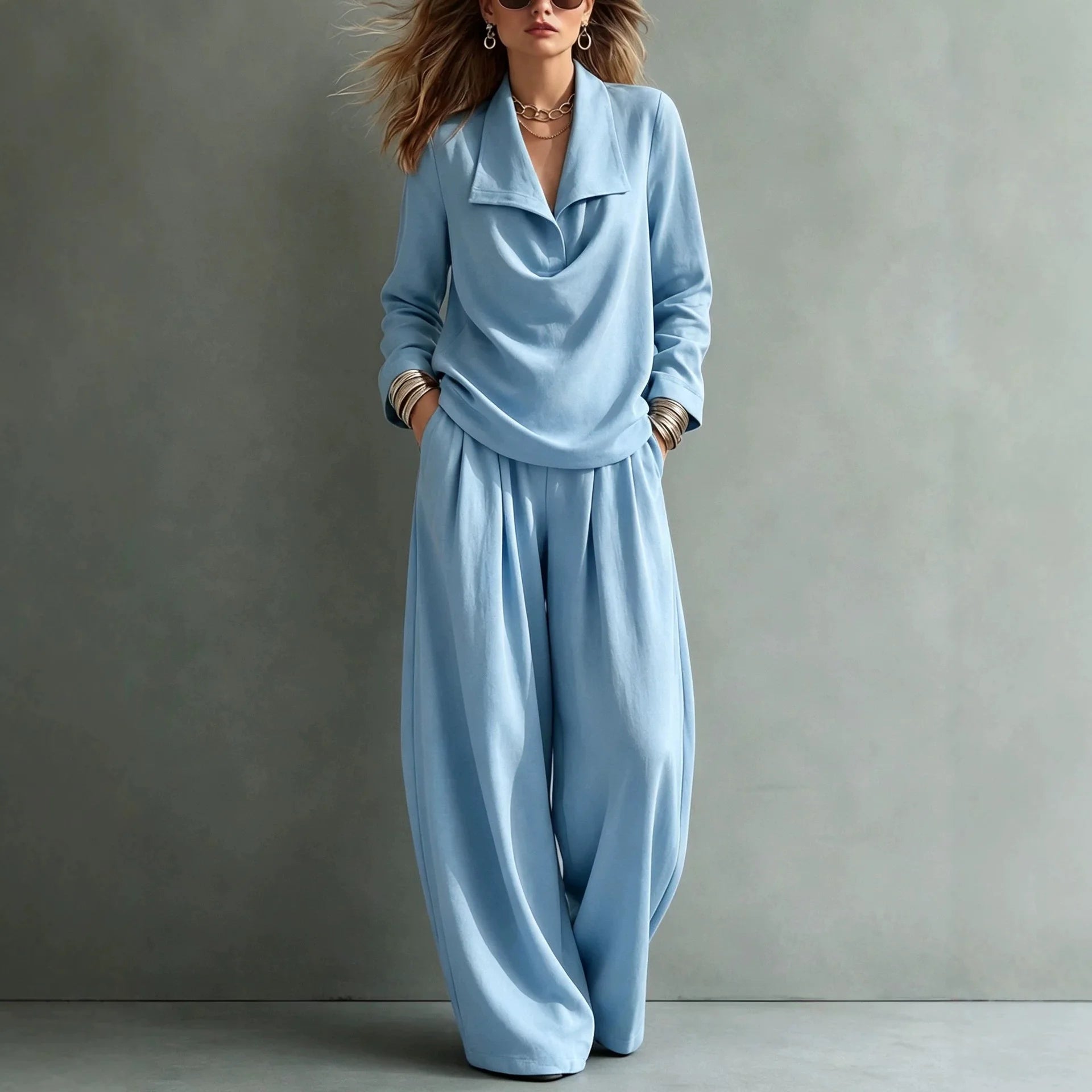 Set Sloane™ with Draped-Collar Top and Flowy Wide-Leg Pants