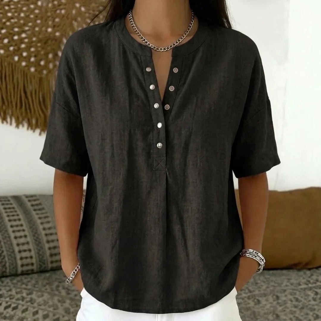 Ambrina™ Cotton-Linen Blouse with Delicate Front Buttons at the Neckline and Relaxed Fit