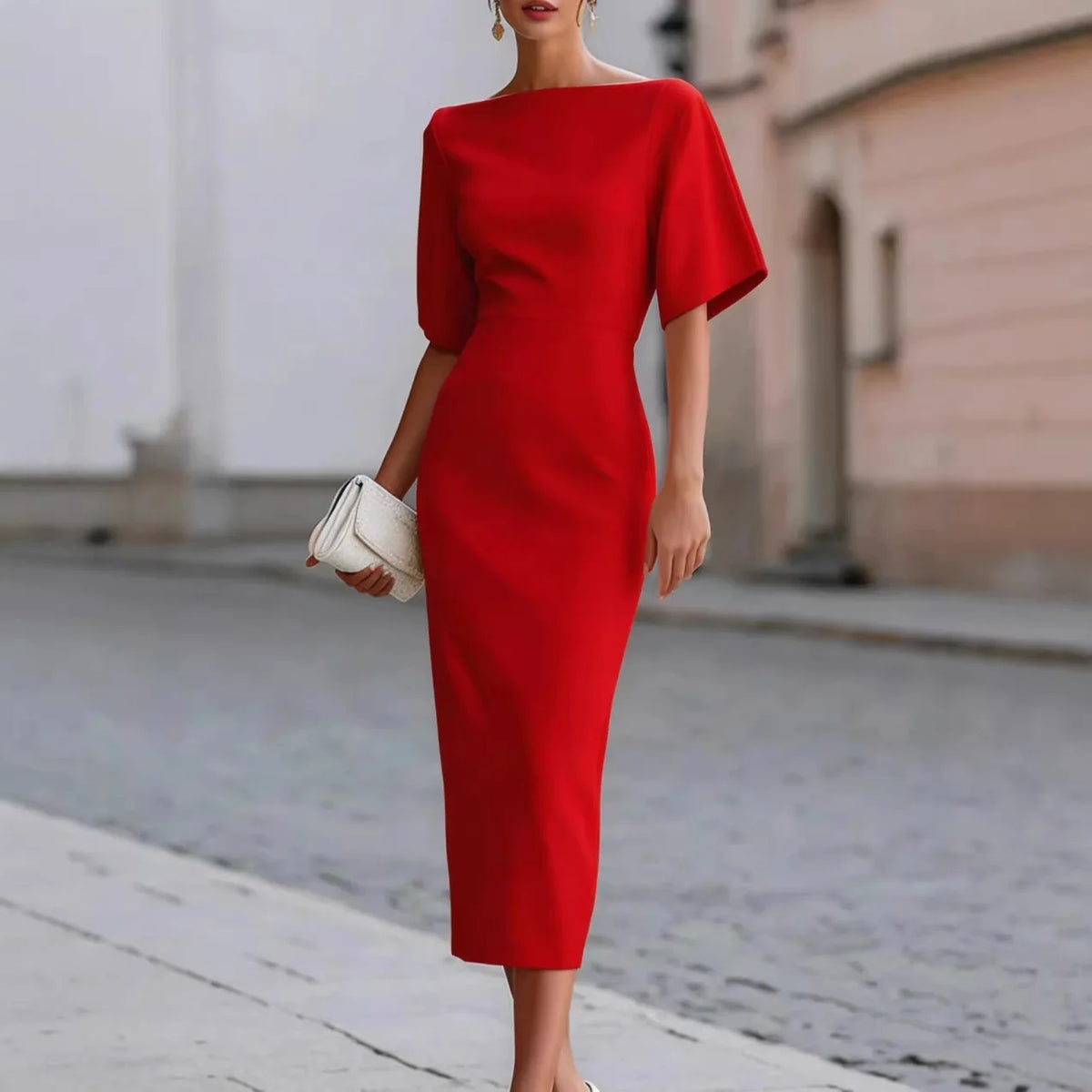 Estelina™ Dress with Defined Waist, Wide Sleeves and Boat Neckline