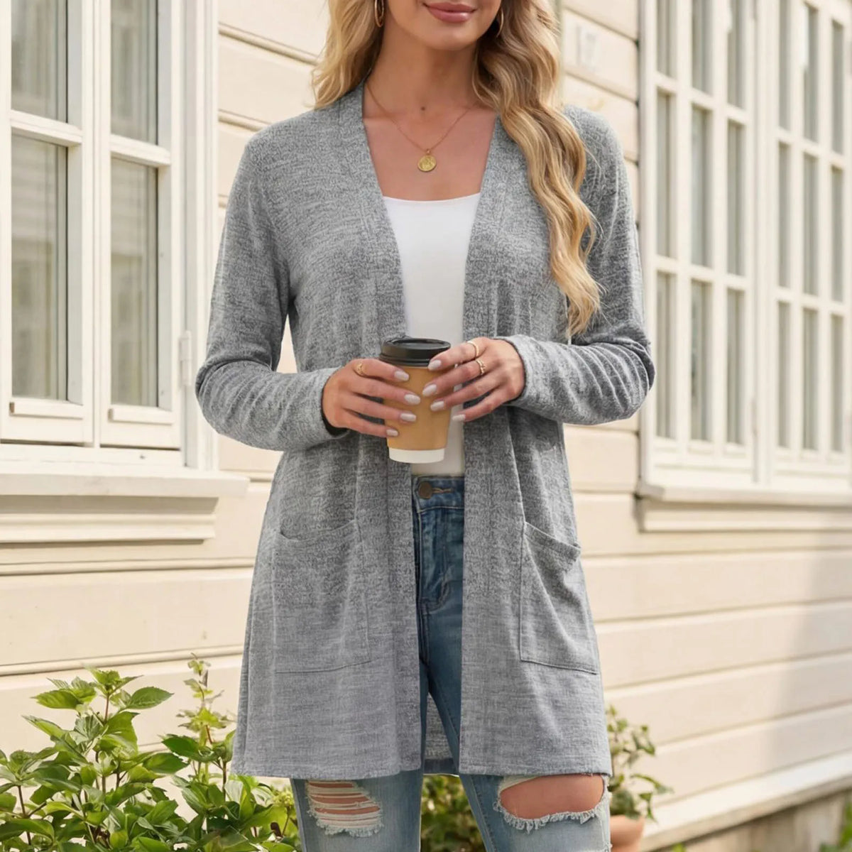 Cardigan Vivian™ with Open Front, Patch Pockets and Long Sleeves