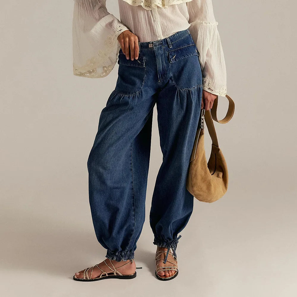 Carmelie™ Jeans with Gathered Panels, Front Flap Pockets and Adjustable Tie Hem