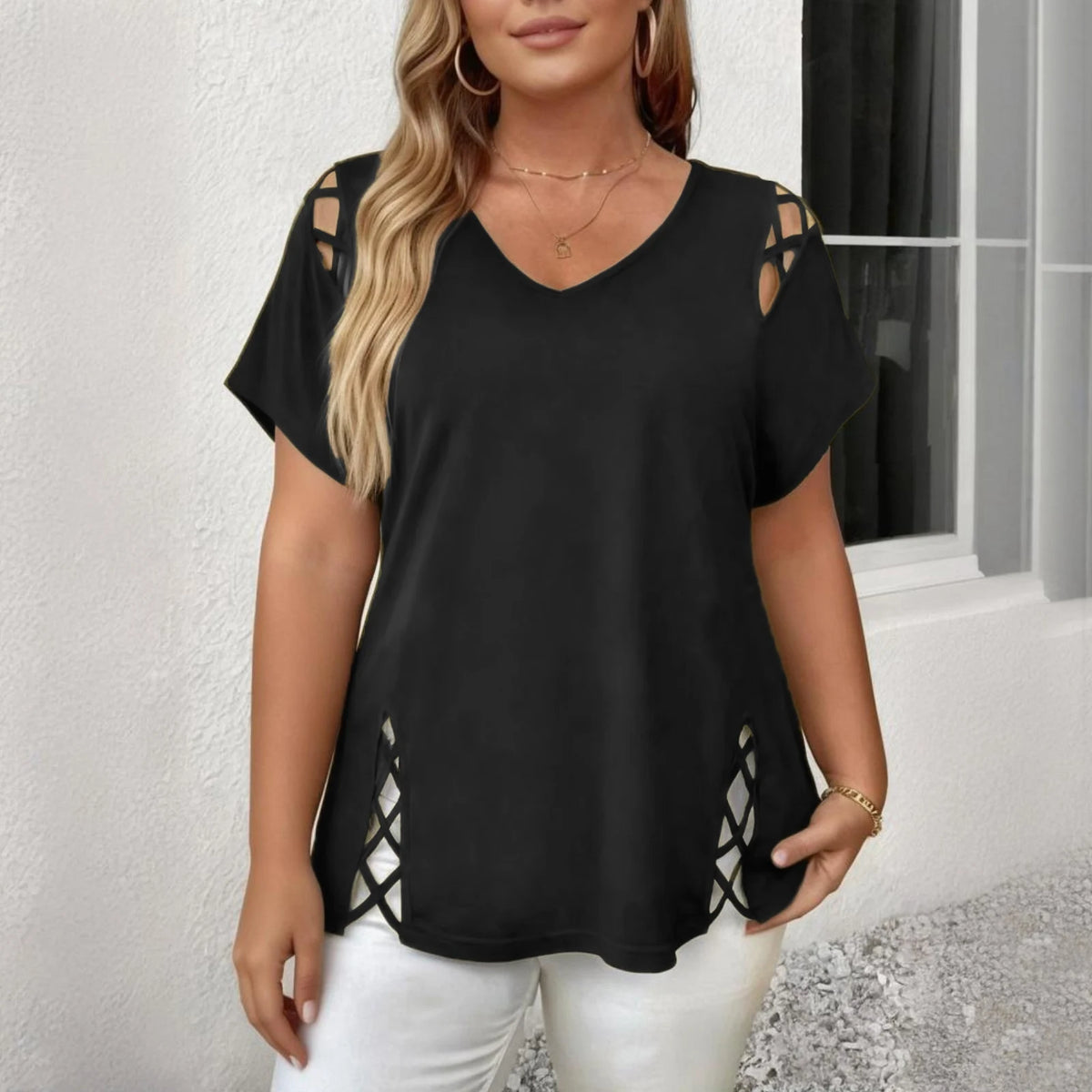 Caliria™ V-Neck Blouse with Shoulder and Side Cutout Details