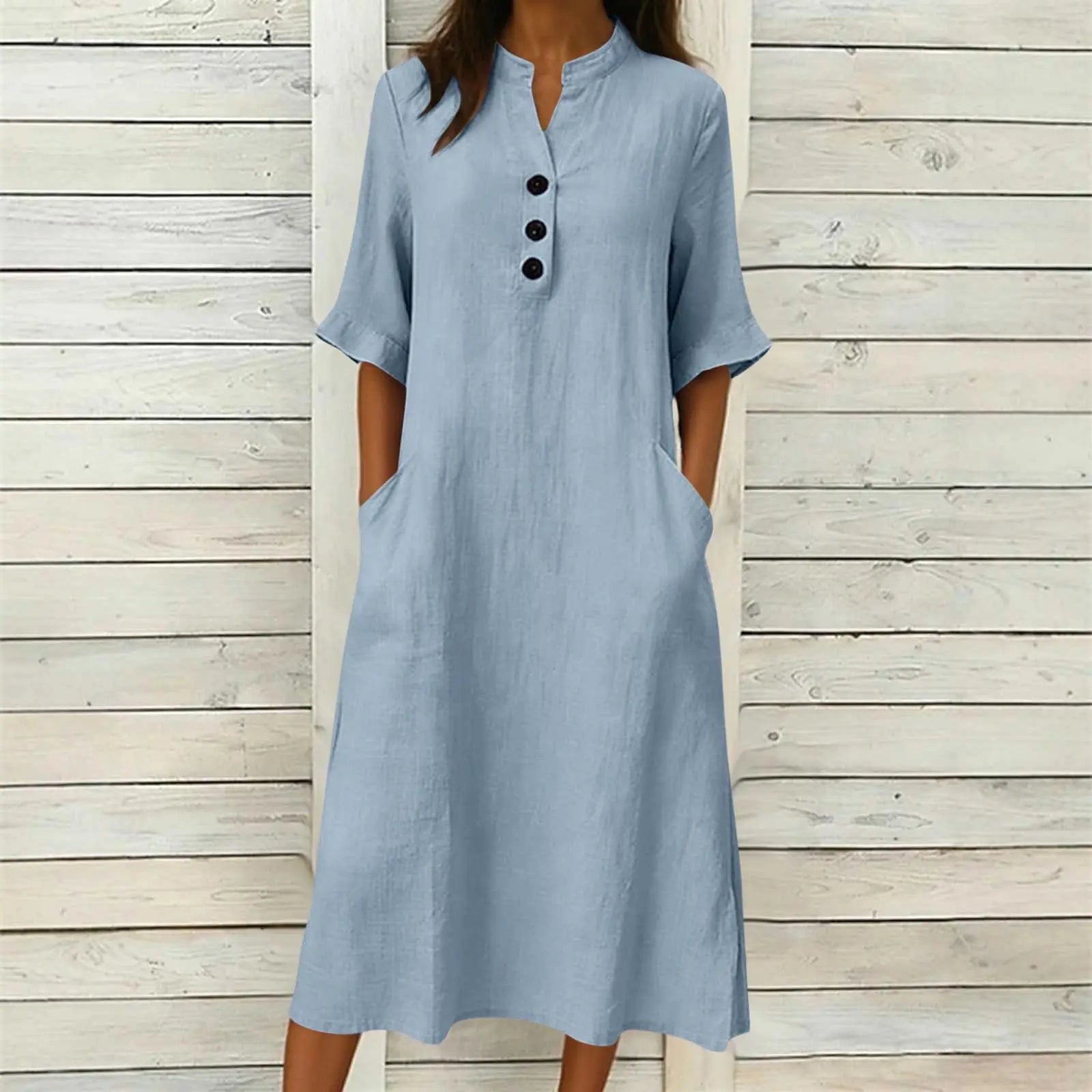 Dress Julia™ in Cotton with Stand Collar, Button Front and Pockets