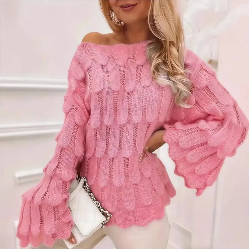 Sweater Chelsea™ with Open Knit, Feather-Inspired Details and Wide Sleeves