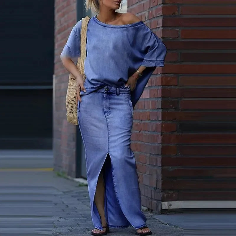 Capri Bleu™ Set with Asymmetrical Top and Lightweight Denim Skirt