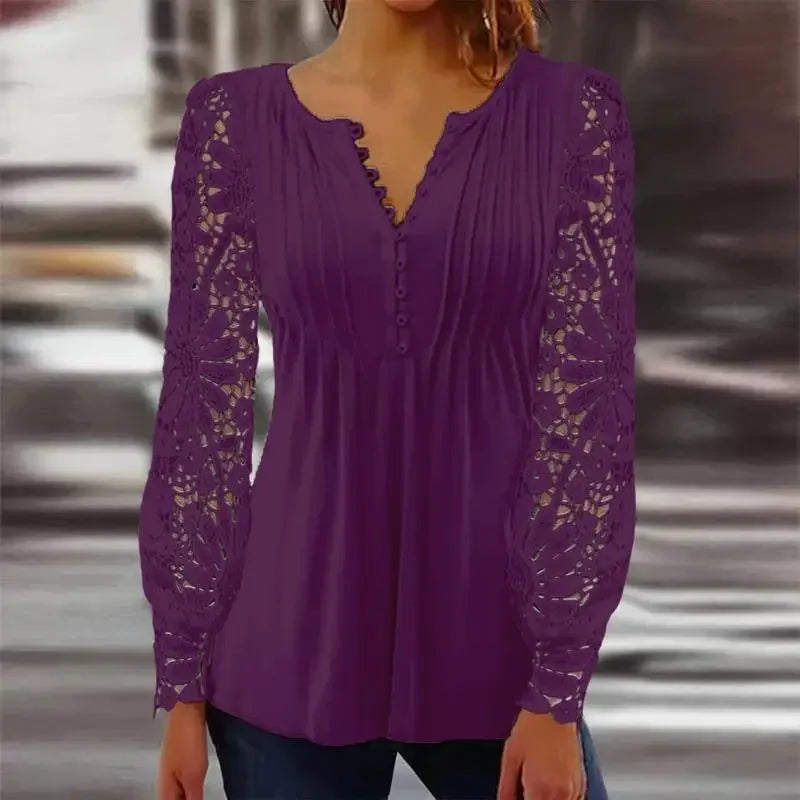 Verenice™ Blouse with Sheer Floral Lace Sleeves and Delicate Bust Pleats