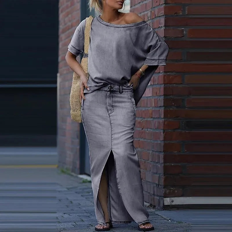 Capri Bleu™ Set with Asymmetrical Top and Lightweight Denim Skirt