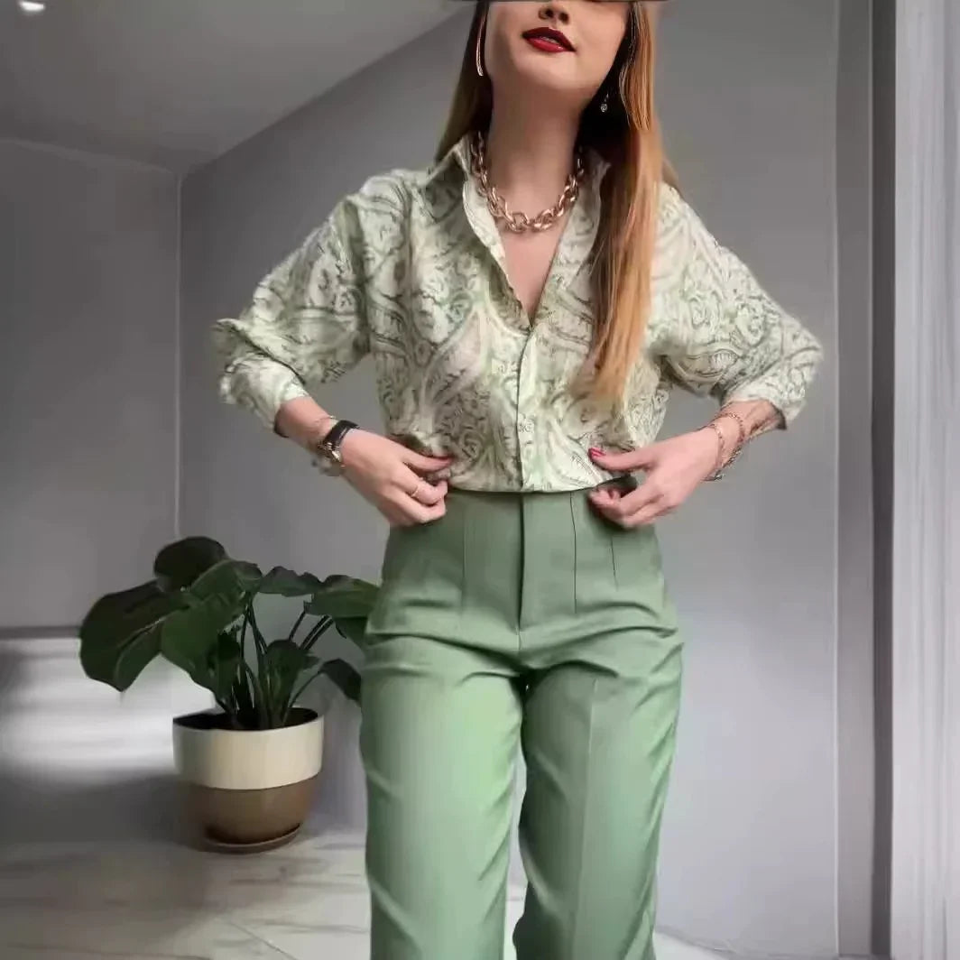 Sálvia Élégance™ Set with Satin Shirt and Tailored Pants / Sophistication that Goes From the Office to After Hours!
