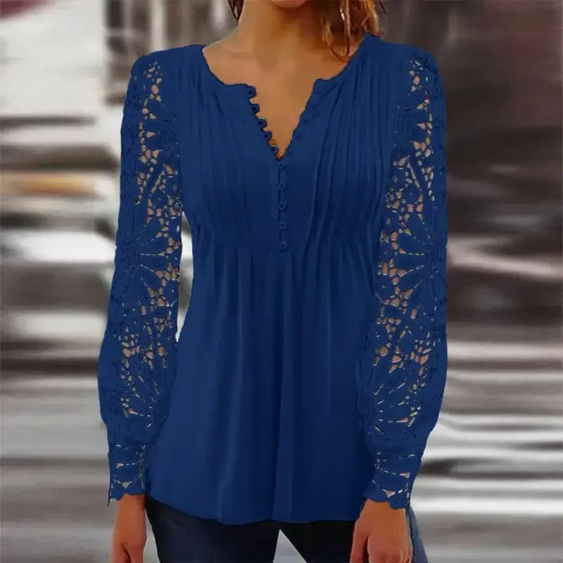 Verenice™ Blouse with Sheer Floral Lace Sleeves and Delicate Bust Pleats