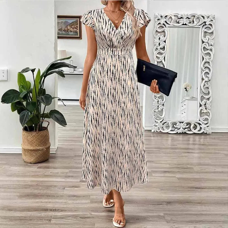 Dress Sabrina™ with a High-Contrast Print, V-Neckline, and Maxi Length