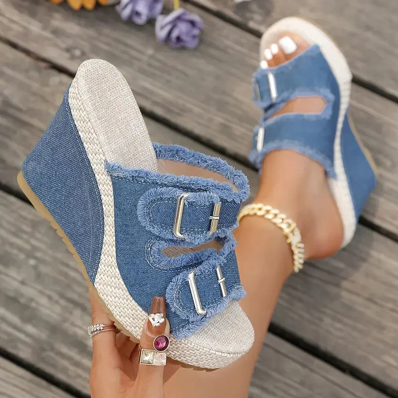 Zafira™ Sandals with Double Buckles and Denim Design