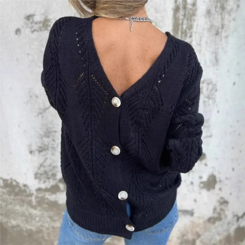 Vivienne™ Open-Knit Reversible Sweater with Double V-Neck and Button Detail / The Open-Knit Touch that Combines Comfort and Sophistication!