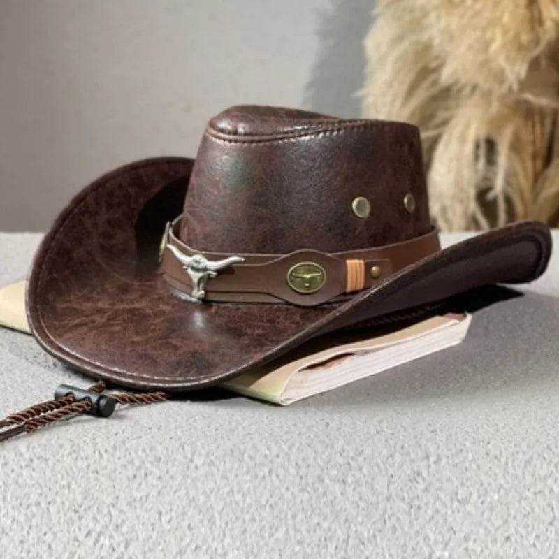 Cowboy Hat Stoneford™ in Premium Leather with a Distressed Finish and Metal Accents