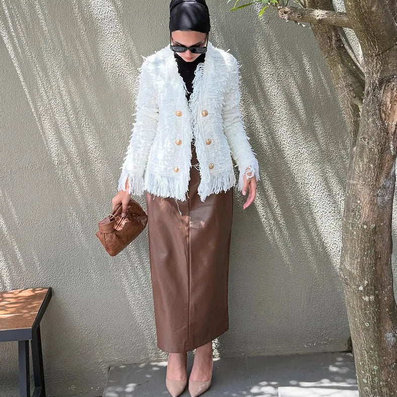 Bellemont™ Jacket in Premium Bouclé with Delicate Fringes and Metallic Buttons / Where Classic Meets Contemporary!