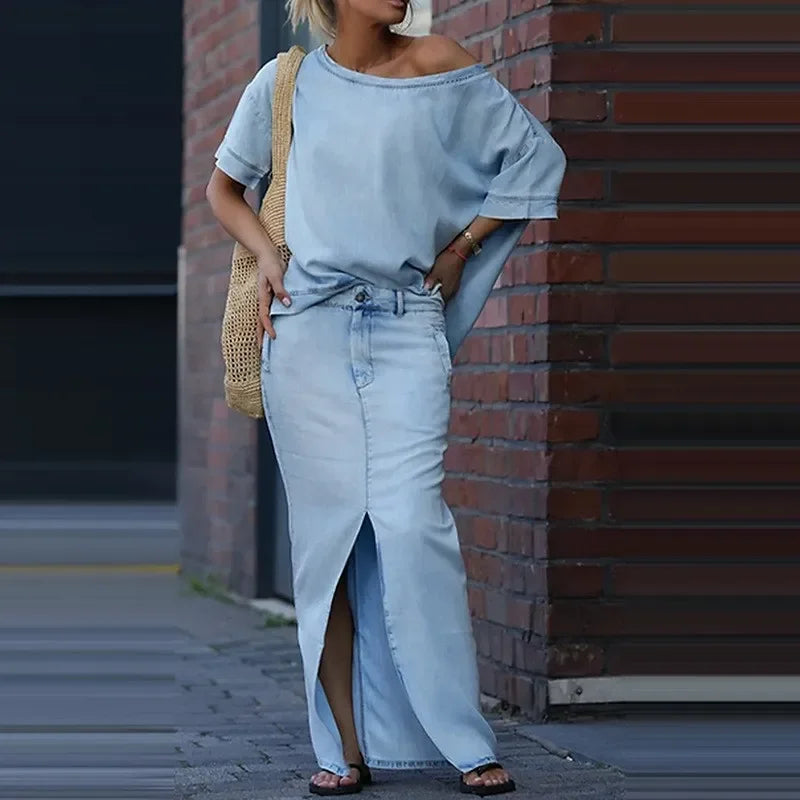 Capri Bleu™ Set with Asymmetrical Top and Lightweight Denim Skirt