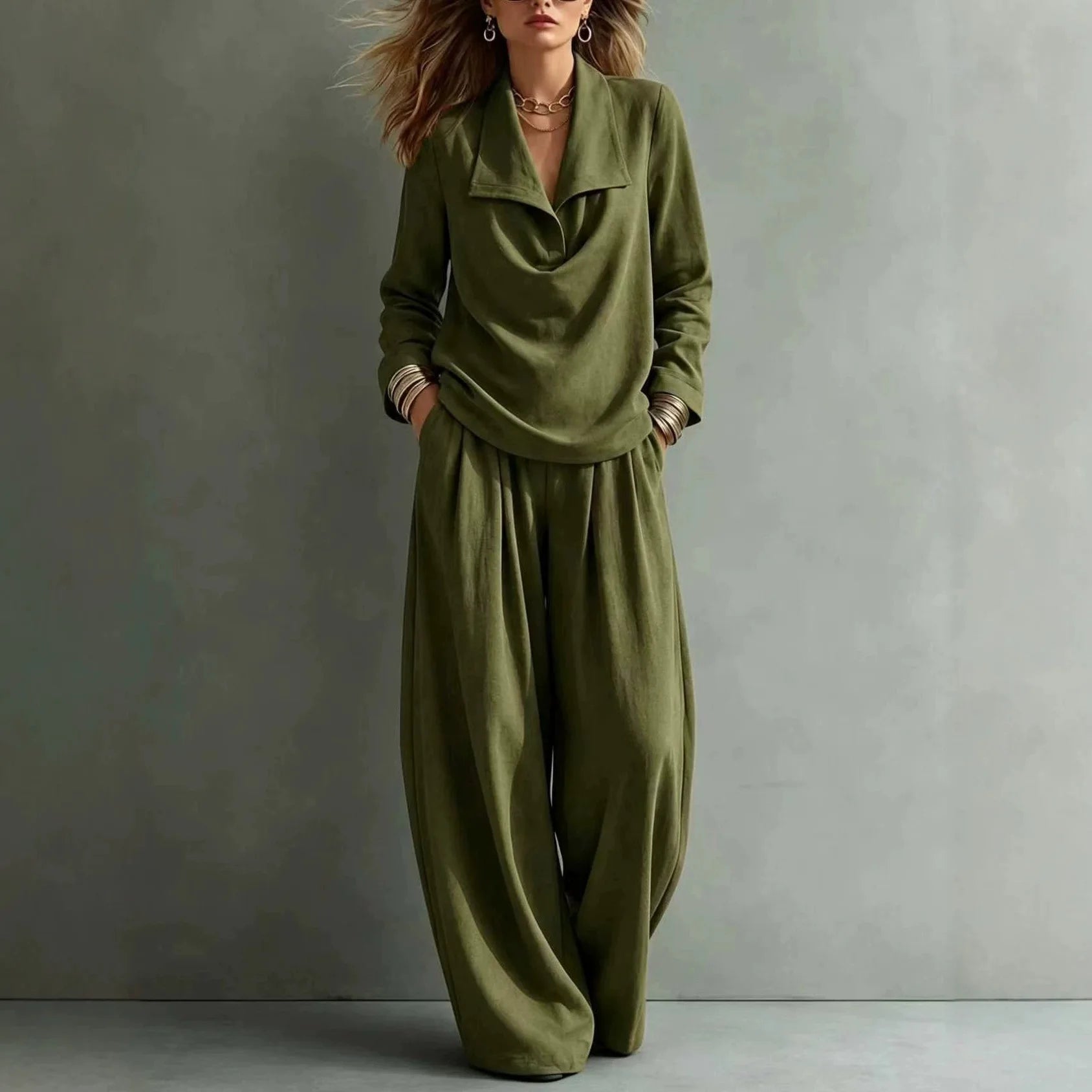 Set Sloane™ with Draped-Collar Top and Flowy Wide-Leg Pants