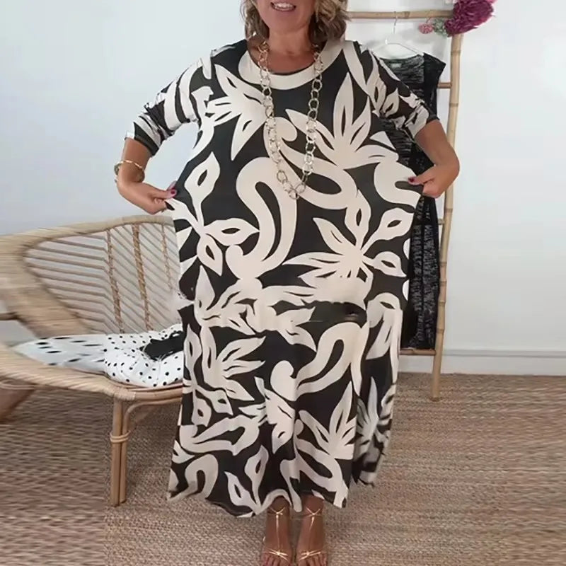 Nerina™ Long Midi Dress with Abstract Floral Print / Loose Elegance that Inspires Freedom!