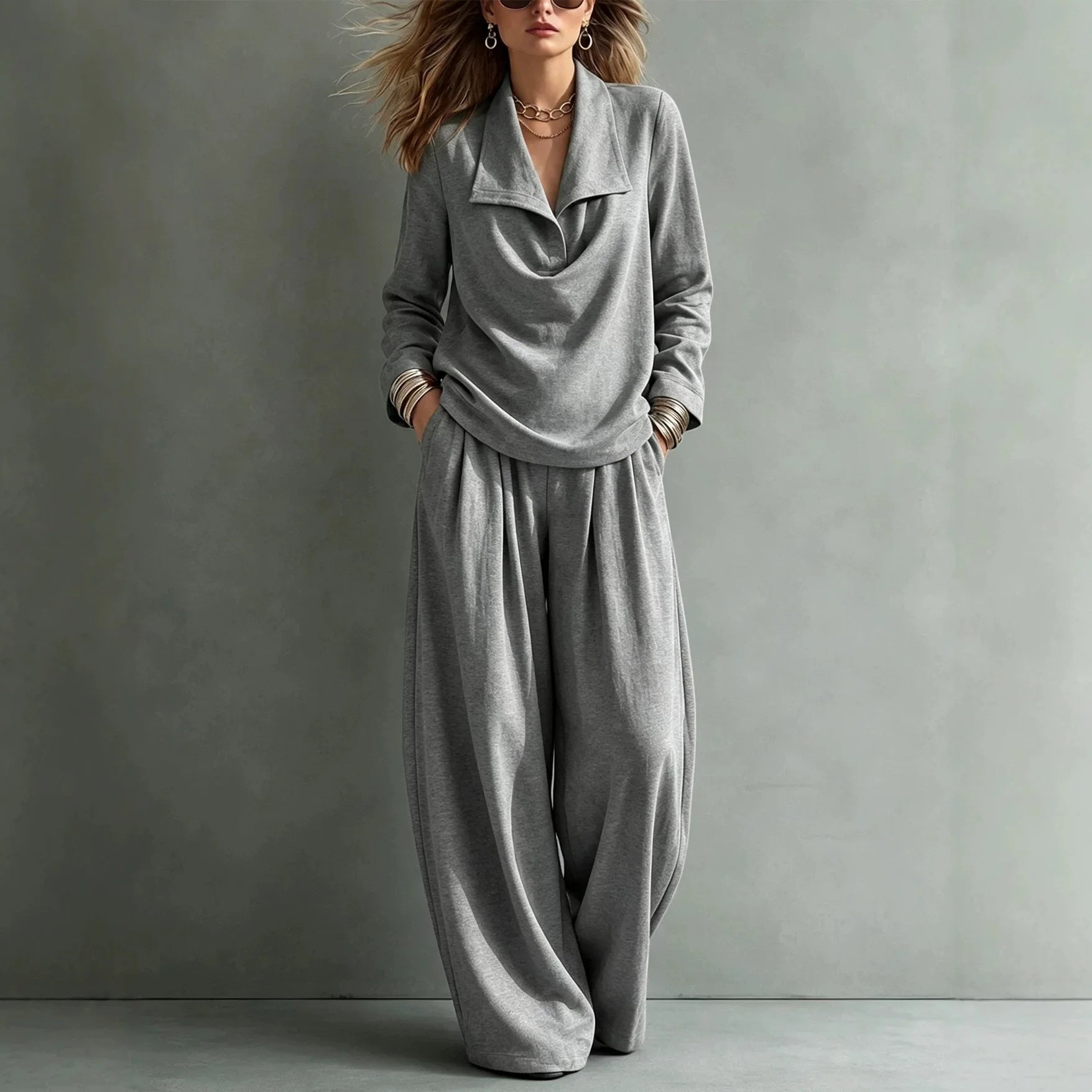 Set Sloane™ with Draped-Collar Top and Flowy Wide-Leg Pants