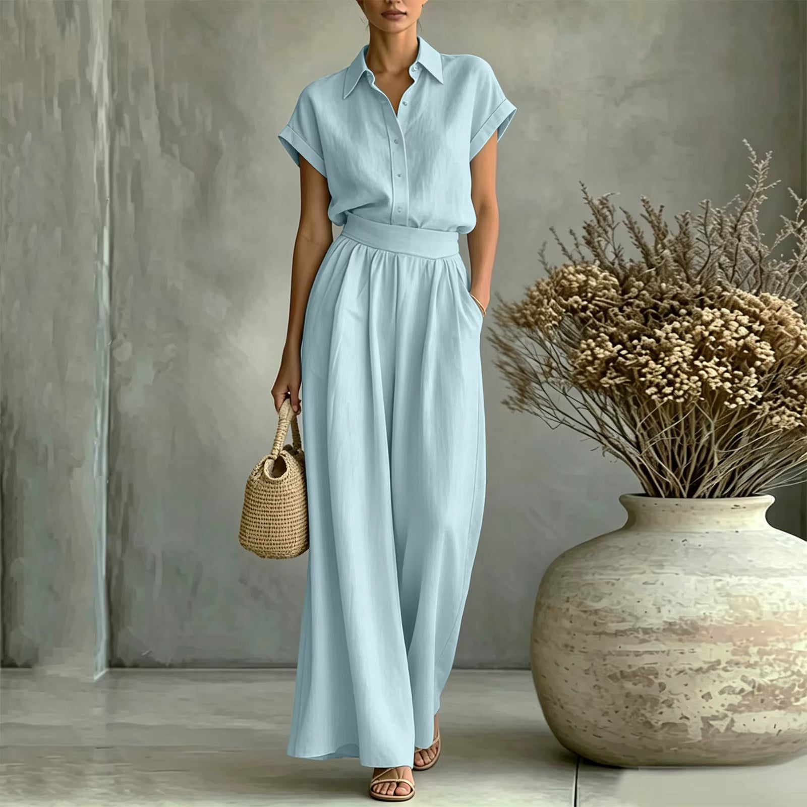 Set Virelle™ with Classic Collar Shirt and High-Waist Wide-Leg Pants