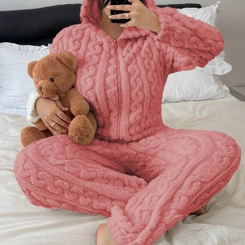 Ursina™ Plush Hooded Jumpsuit with Bear Ears and Teddy Bear Appliqué