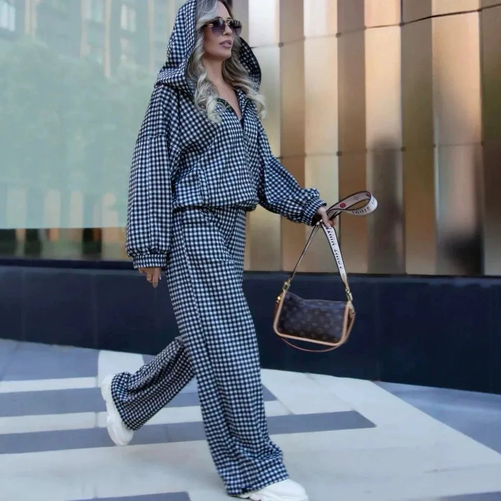 Maddalena™ Set with Oversized Hooded Top, Wide-Leg Pants and Minimalist Check Print