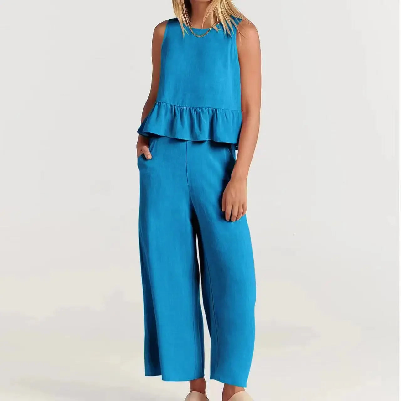 Agatha™ Mixed Linen Set with Ruffles and Wide-Leg Pants / Elegant Minimalism for Stylish Women!