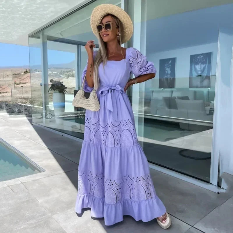 Elysée Charm™ Dress in Laise Embroidery with Layered Skirt and Bow at the Waist / Timeless Elegance Inspired by the Mediterranean!