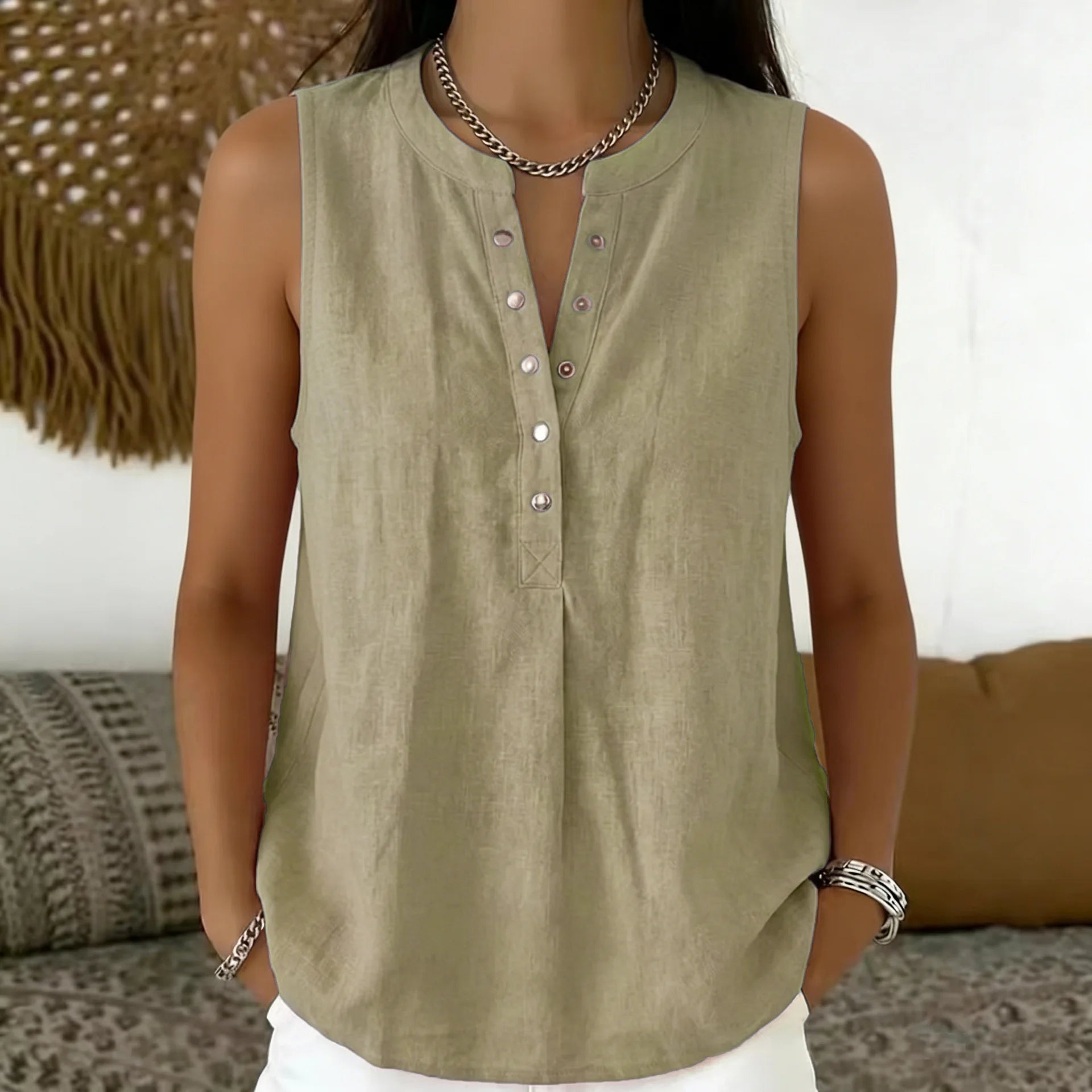 Blouse Emily™ with Round Neckline, Button-Front Detail and Sleeveless Cut