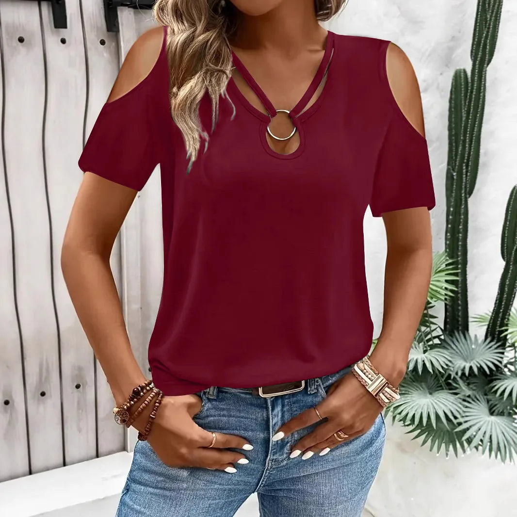 Lorenie™ Blouse with Cold Shoulder Cutouts, Wrap V-Neckline and Metal Ring Detail