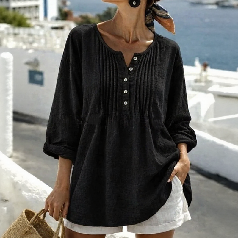 Nerea™ Blouse with Front Pleats, Buttoned Neckline and Relaxed Fit