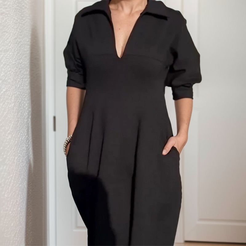 Ravenna™ Dress with Chemise Neck and Structured Midi Fit / Where Minimalism Meets Urban Elegance!