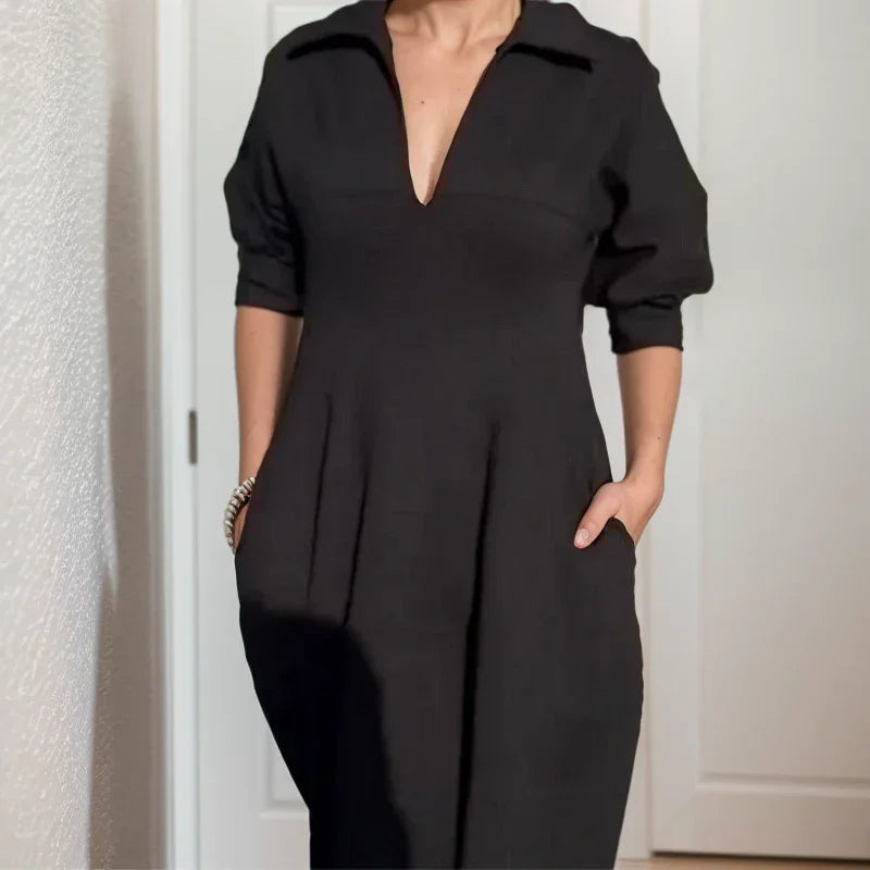 Ravenna™ Dress with Chemise Neck and Structured Midi Fit / Where Minimalism Meets Urban Elegance!