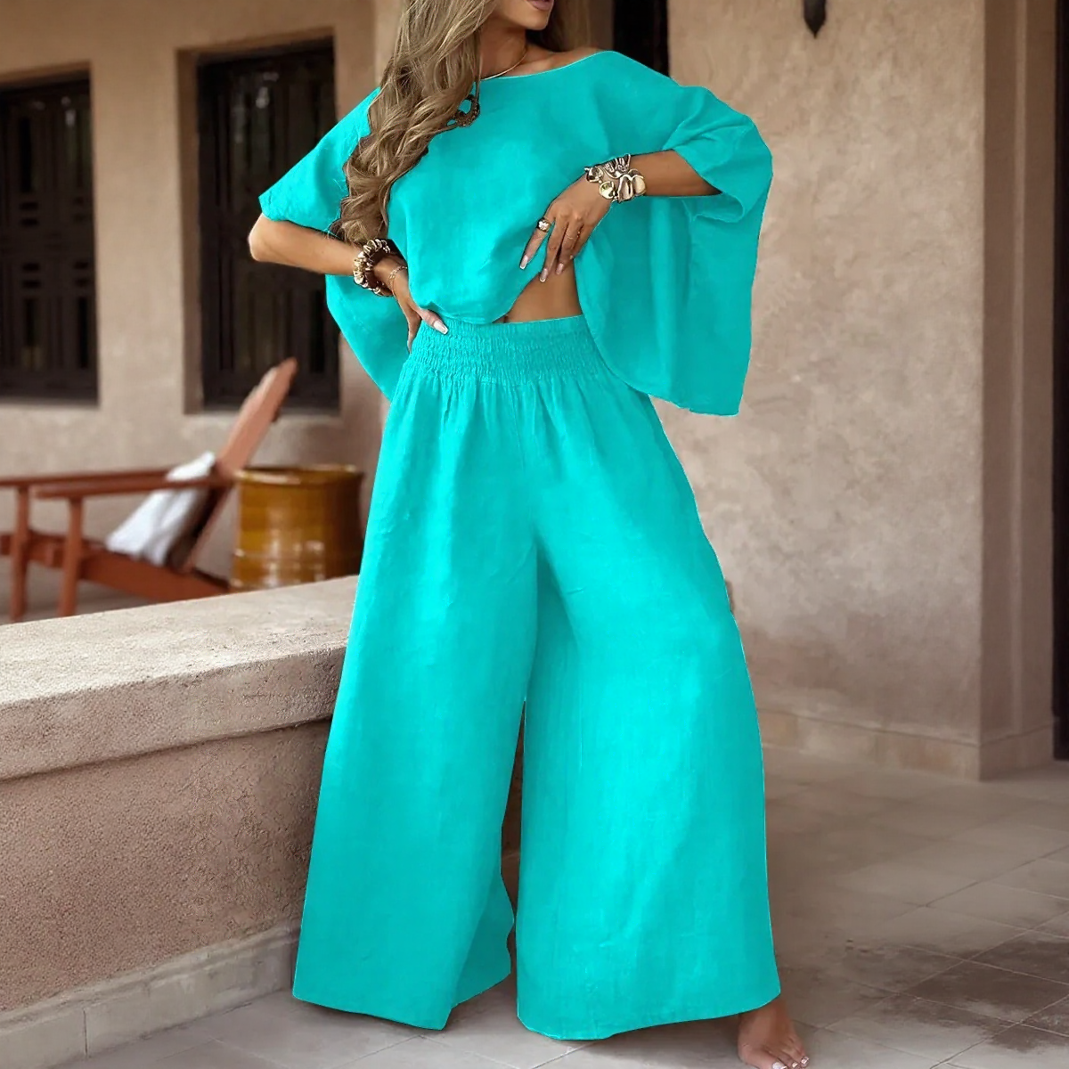 Horizon™ Set in Cotton Linen with Bat Sleeves and High Waist / The Sophistication of a Style that Breathes Lightness!