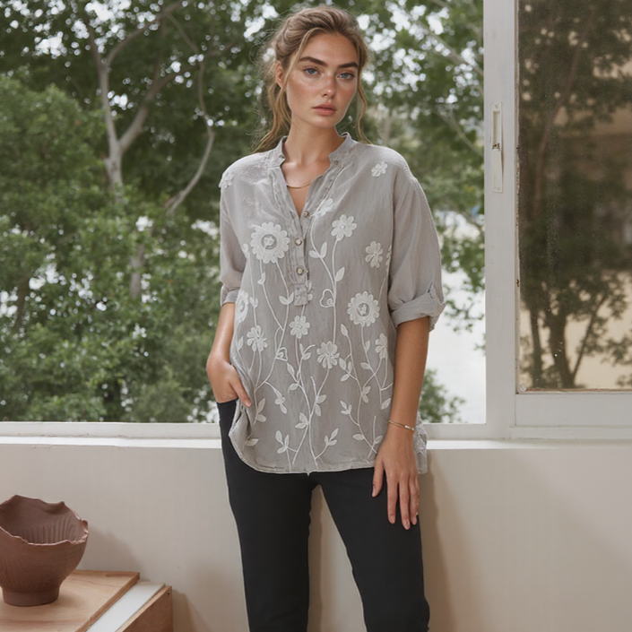 Raniero™ Shirt in Cotton Linen with Delicate Floral Embroidery / Handcrafted Sophistication that Transforms Casual into Elegant!