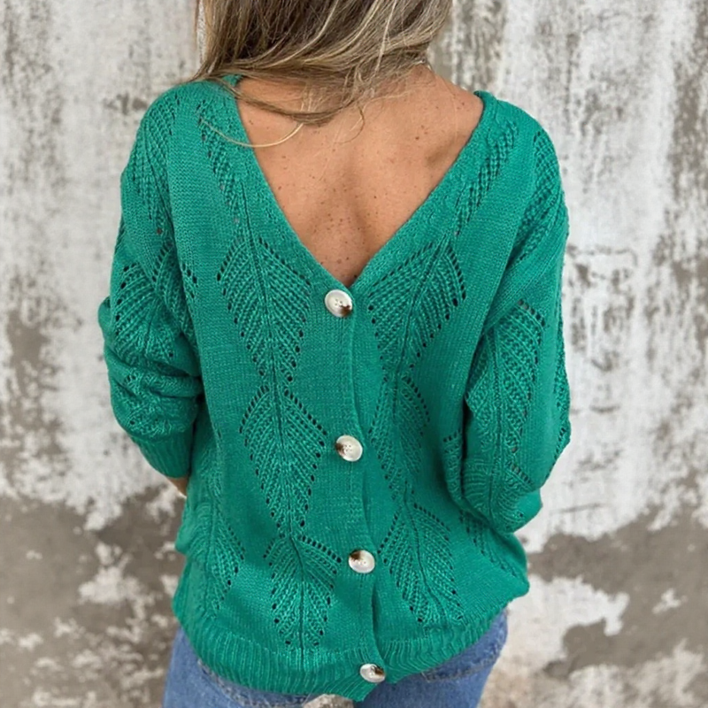 Vivienne™ Open-Knit Reversible Sweater with Double V-Neck and Button Detail / The Open-Knit Touch that Combines Comfort and Sophistication!