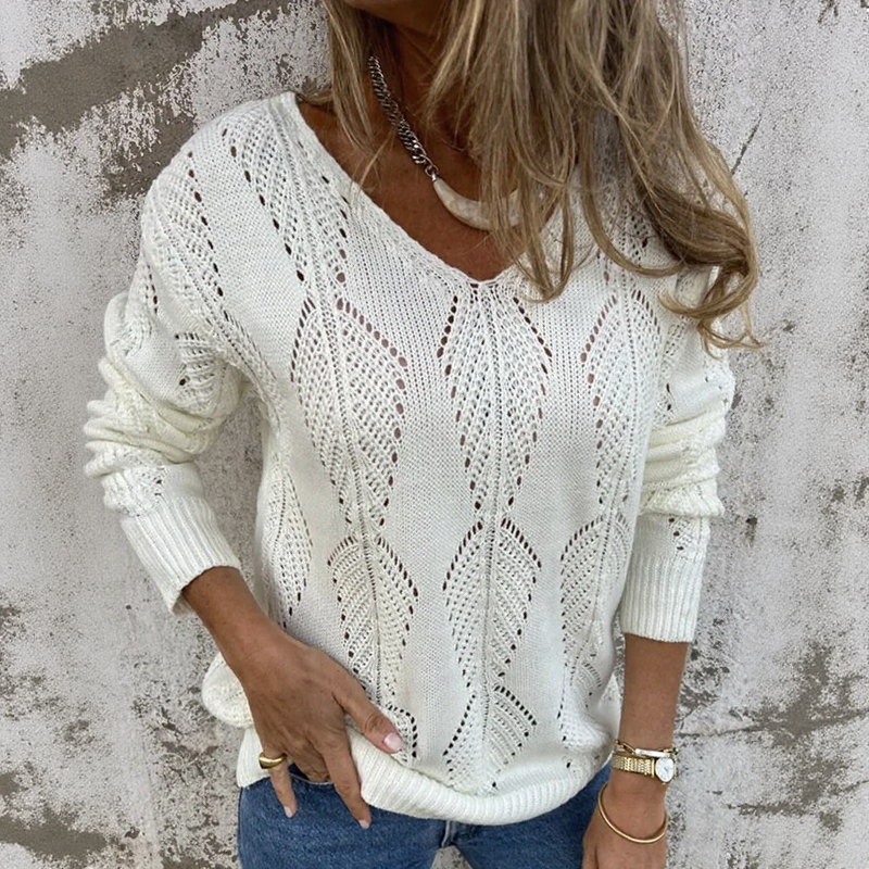 Vivienne™ Open-Knit Reversible Sweater with Double V-Neck and Button Detail / The Open-Knit Touch that Combines Comfort and Sophistication!