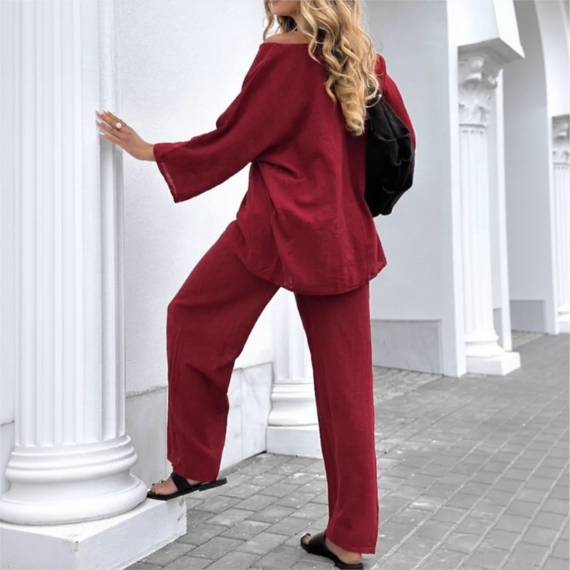 Maeva™ Cotton Linen Set with Casual Blouse and Straight-Leg Pants / Modern Versatility at its Most Chic!