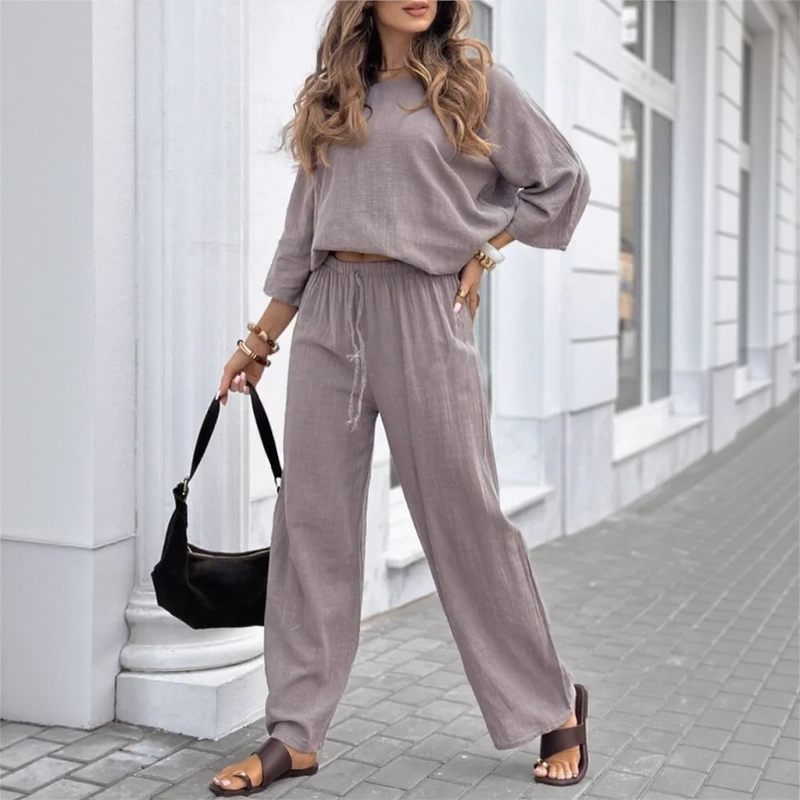 Maeva™ Cotton Linen Set with Casual Blouse and Straight-Leg Pants / Modern Versatility at its Most Chic!