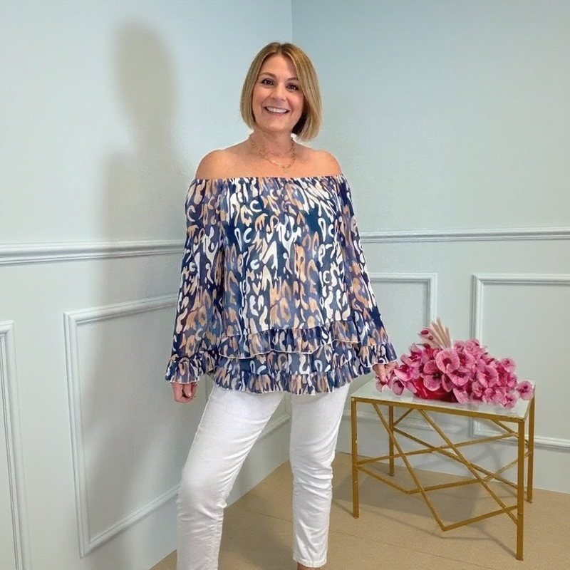 Bellagio™ Off-the-Shoulder Blouse with Layered Ruffles and Artistic Print / Sophistication and Lightness in Perfect Harmony!