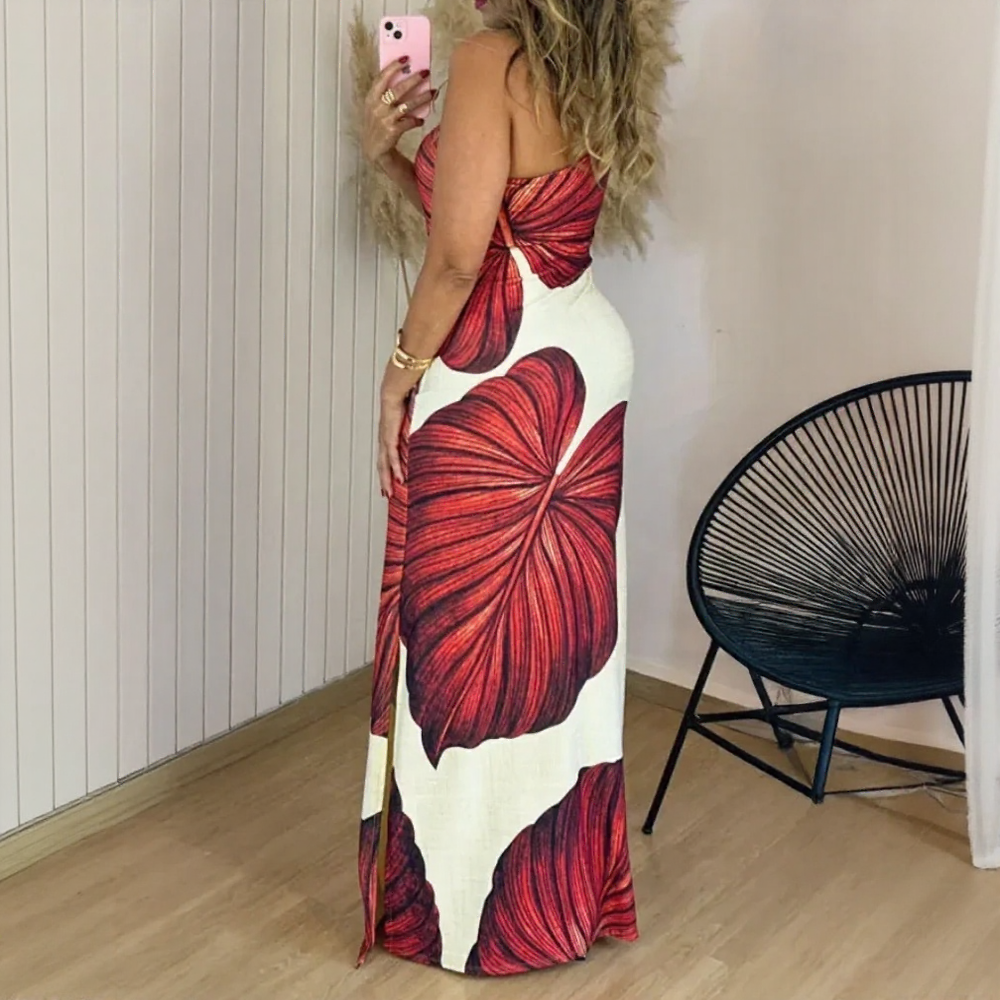 Serenity™ Cotton Dress with Side Slit and Sculpted Foliage / Tropical Sophistication That Never Goes Unnoticed!