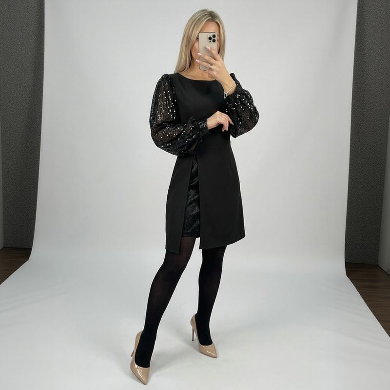 Penelope™ Midi Dress with Shimmer Puff Sleeves & Elegant Front Slit