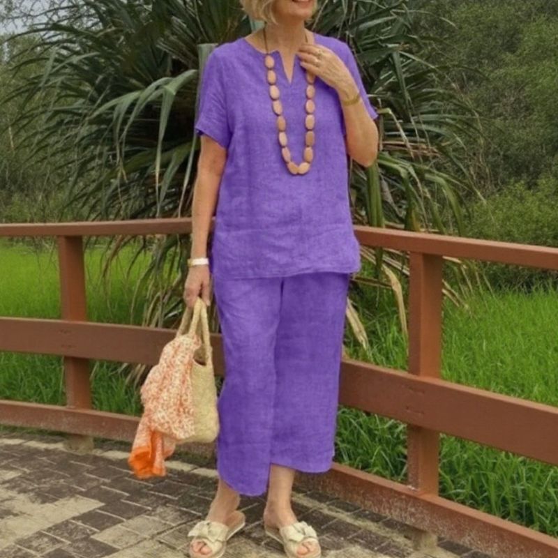 Emma™ Cotton-Linen Set with Split V-Neck