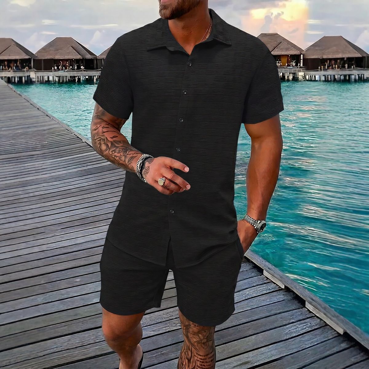 Hugo™ Premium Textured Fabric Set with Button-Up Shirt