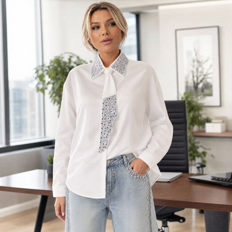 Louise™ Long-Sleeve Shirt with Tie and Rhinestone-Embellished Collar