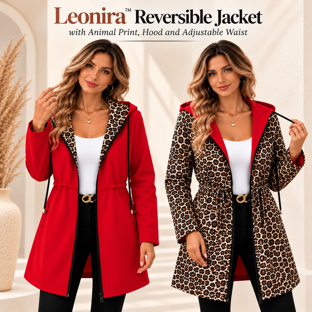 Leonira™ Reversible Jacket with Animal Print, Hood and Adjustable Waist